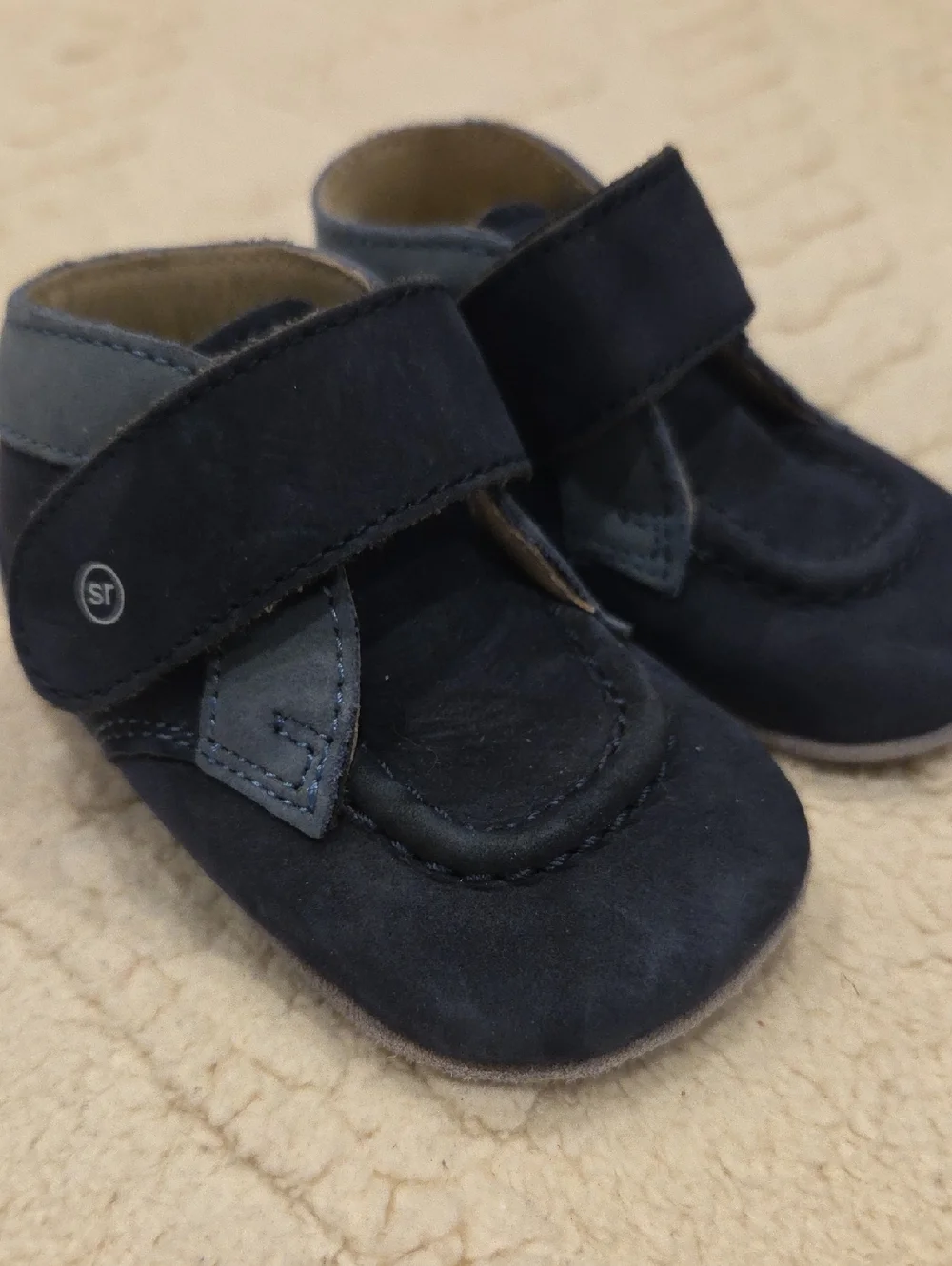 Stride Rite Navy Blue Leather Baby Moccasin with Hook-and-Loop Strap